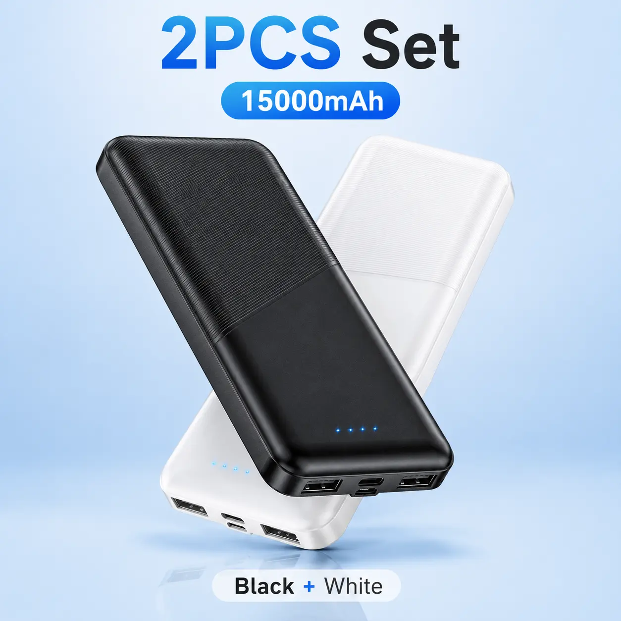 2 PCS (Black+White) 15000mAh Portable Charger Power Bank - Dual USB 5V3.1A Fast Charging, Compact & Easy to Carry, Compatible with Smartphones, All USB Devices, Charge Earbuds Too Bluetooth Chargeable