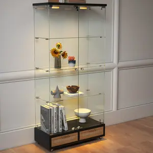 Modern Glass Display Cabinet with LED Lights 2-Door Storage 4 Shelves Tempered Glass Black Natural 14.4x32.1x65.8 inches for Living Room Bedroom with Locking Storage and 45 lbs Shelf Capacity