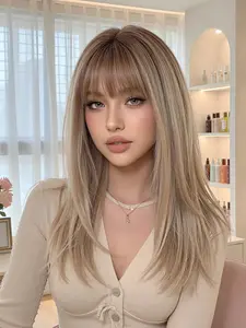 16inch Light Ash Blonde Long Straight Wig with Bangs & Dark Roots | Daily Style