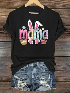 Women's Easter Bunny & "MAMA" Graphic Casual T-Shirt - Short Sleeve Round Neck Tee with Colorful Letter Print, Cupcake & Egg Design, Machine Washable for Spring Celebrations & Casual Attire, Seasonal Clothing, Festive Style, Comfortable Fabric, Holiday Ap