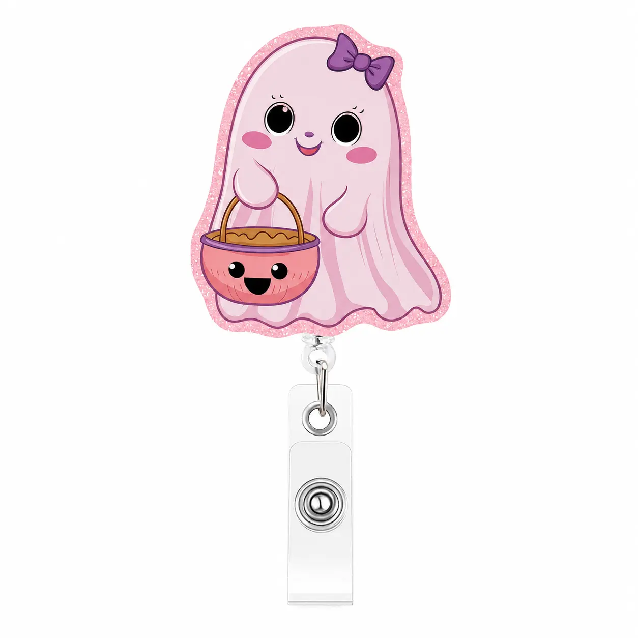 Cute Pink Ghost Acrylic Badge Reels, Retractable Alligator Clip Holder for Halloween Name ID Tags, Suitable for Nursing Professionals, Office Staff