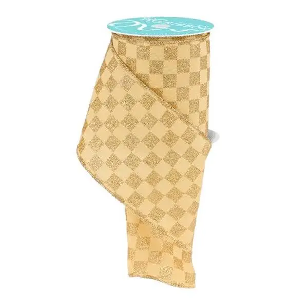 4" x 10yd Glitter Check Ribbon – Mustard/Gold