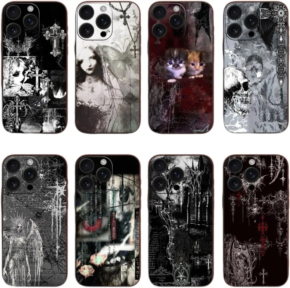 Gothic Coquette Cyber Sigilism Cross Phone Case for iPhone 17 16 15 14 13 12 11 Pro XS Max XR Plus E Mini Black Shockproof Cover Trendy Design with Camera Guard Protection Smartphone