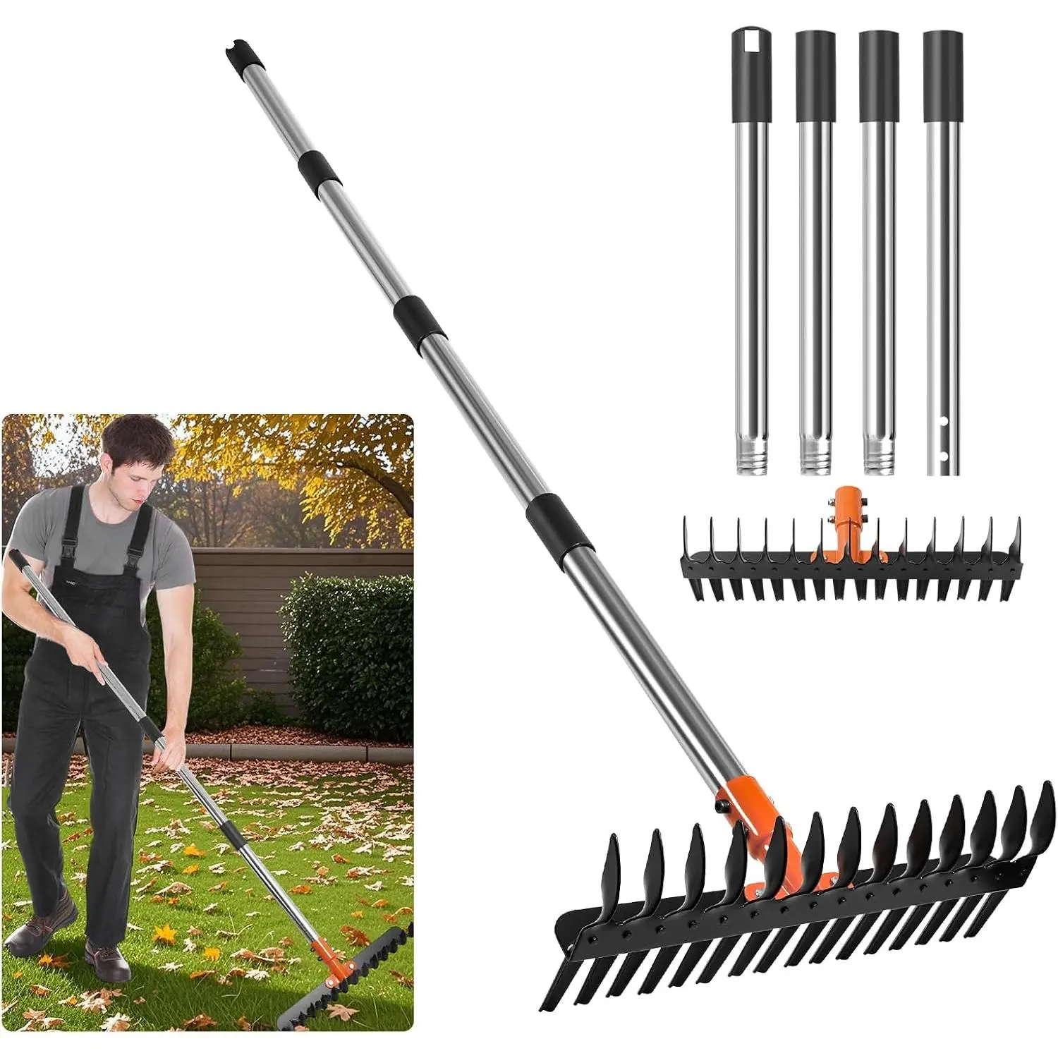 57-Inch Thatch Rake Dethatcher with 15-Inch Curved Tines, Detachable Handle, Adjustable Length & Compact Storage for Compacted Soil Relief & Lawn Rejuvenation