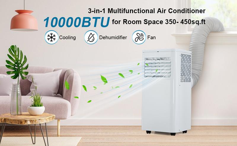 GARVEE 10000BTU Portable Air Conditioner 3 in 1 with LCD Display Remote Control, Fast Cooling Up to 450 sq.ft, AC Cooling, Dehumidifier, Fan for Bedroom, Office White