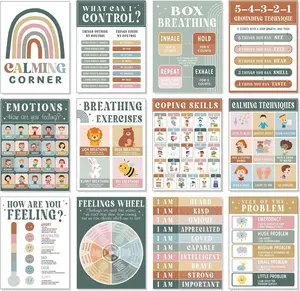 12 count Modern Boho Calming Corner Classroom Posters Calm Down Corner Feelings Chart Mental  Educational Posters Emotions Coping Skills Chart for  School Psychology Education