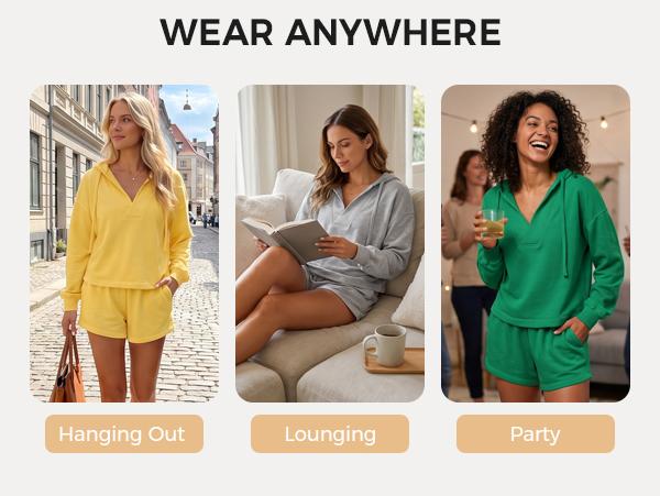 Fisoew Womens 2 Piece Lounge Matching Sets Hoodies and Shorts Sweatsuits | Long Sleeve, V Neck, Two Piece, Oversized, Pullover Sweatshirts, Tracksuit, Active, Athleisure, Fall Outfit, Travel Vacation