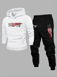 Men's Hoodie Set 2 Piece Digital Flag Print Pullover + Drawstring Casual Sport Pants, Fall & Winter Fitted Style, Moderate Fabric, Streetwear Tracksuit Set