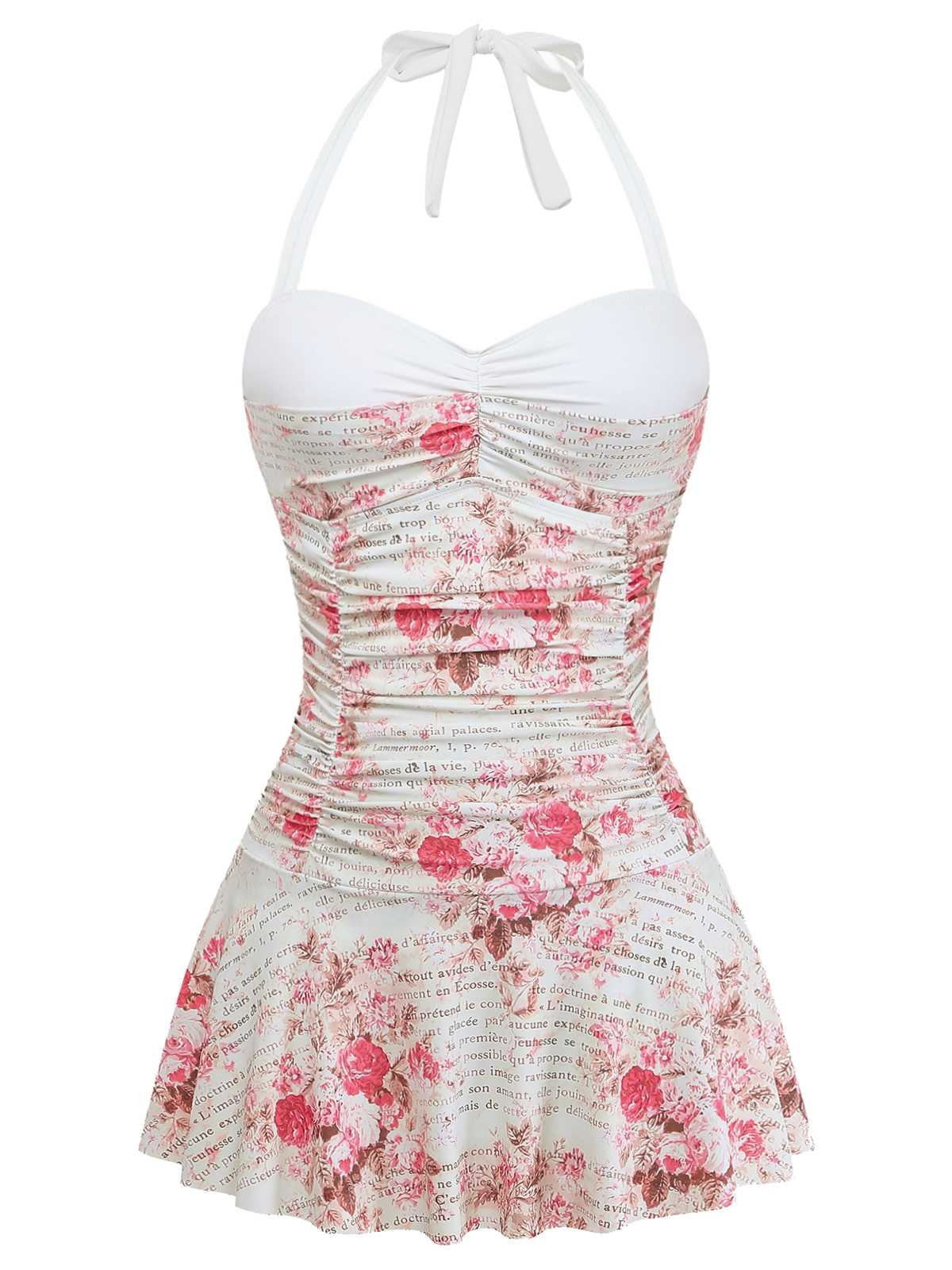 1950s Halter Roses Ruched Tummy Control Swimdress
