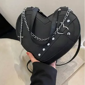 Women' Gothic Y2K Punk Rock Heart-Shaped Shoulder Bag - Rivet-Embellished Cross-Body Purse with Adjustable Strap & Zipper Closure, Music Festival Outfit Essential outdoorfun