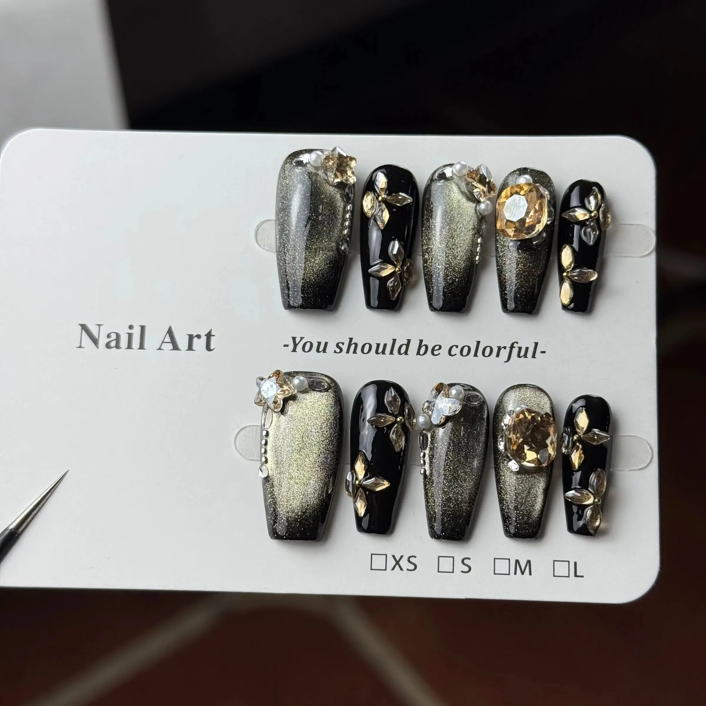 10pcs high-end Retro gold lady, Maillard sparkling small diamonds, black and gold cat's eye handmade Nail Design decorative nails Glossy Finish Diamond Shimmer fake nails