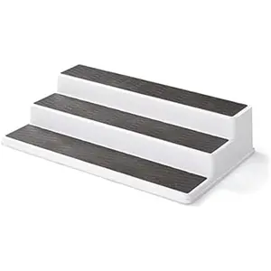 Copco 3-Tier Non-Skid Spice Rack Organizer for Kitchen Cabinet or Pantry, 15-Inch Tiered Shelf, White/Gray, Slip-Resistant Design for Jars and Bottles
