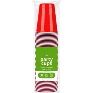 Basics Disposable Plastic Party Cups, Red, 18oz, 50 Count