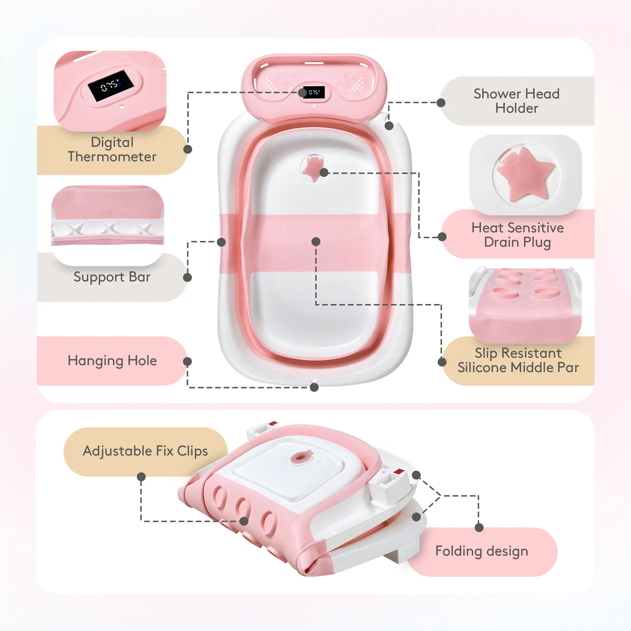 BabyBond Collapsible Baby Bathtub - Portable Folding Design with Real-Time Temp Monitor, Soft Floating Cushion, Drain Hole, Grows with Newborns to Toddlers, Durable, Pink, Mother's Day Gift
