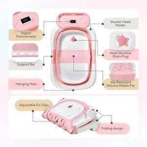 BabyBond Collapsible Baby Bathtub with Real-time Temp Monitor & Soft Floating Cushion – Durable Foldable Design for Newborns to Toddlers, Portable Travel Bathtub with Drain Hole, Perfect for Growing Babies-Pink