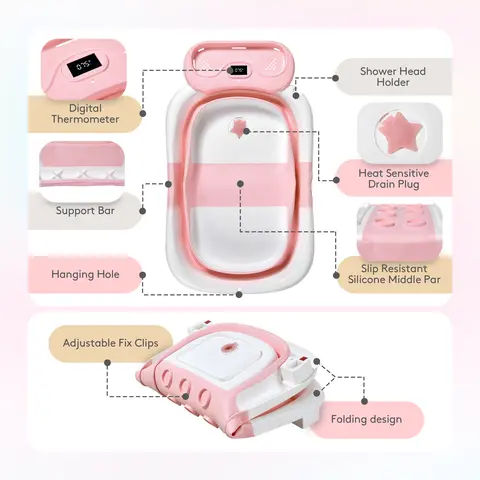 BabyBond Collapsible Silicone Baby Bathtub - Portable Folding Design, Built-in Thermometer, Soft Floating Cushion, Drain Hole, Shapes for 0-24 Months, Durable Blush Pink Bathroom Item, Animal-Star Themed Mother's Day Gift