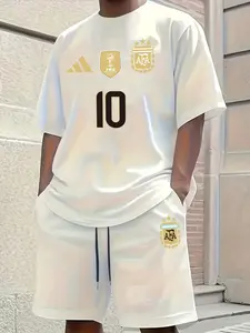 Men's Argentina #10 Messi 2 Piece, World Cup Champions Graphic T-Shirt & Shorts, Sporty Casual Soccer Fan Gear for Summer