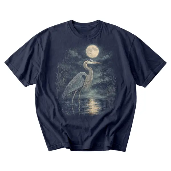 Great Blue Heron T-Shirt, Moonlit Bird Graphic Tee, Vintage Wildlife Nature Shirt, Lake Scene Unisex T-Shirt, Outdoor Lover Gift