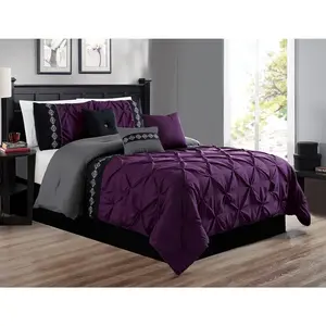 7 count  Size Dark Purple/Grey/Black Double- Stitch Pinch Pleat All-Season Bedding-Down Alternative Embroidered Comforter Set