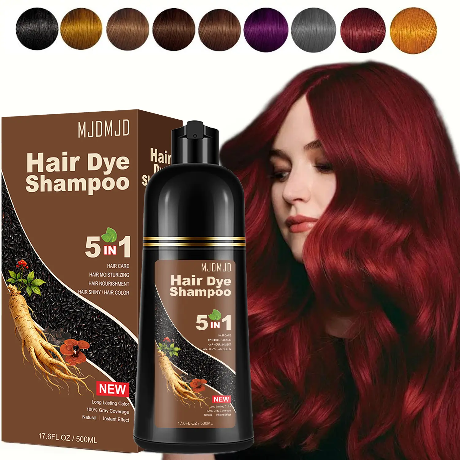 5 in 1 Red Wine Hair Dye Shampoo,Quick Acting Hair Dye,Efficiently Covers White Hair,Containing Ginger And Ginseng Extract,Simple And Easy to Use - Suitable for All Hair Types,Suitable for Both Male And Female Adults