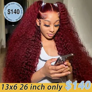 [26 Inch Only $140] STERLY 200% Density Burgundy / Natural Color 13x6 Lace Frontal Human Hair Deep Wave Wig Ombre Color Water Wave Wig 99J Curly Wigs #FB30 Highlight Pre Plucked Pre Cut Beginner Friendly Wig Smooth HD Transparent Lace Wig