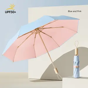 Technology sunscreen UPF50 + luxury gold umbrella stand three-fold manual umbrella two-color parasol weather and rain folding umbrella