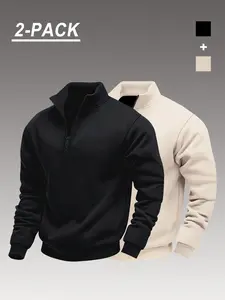 Men's Classic 2-Piece Solid Color Half-Zip Sportswear, Athletic Sports Clothing, Fitted Casual Sweatshirt, Fall & Winter Fashion, Plain Style