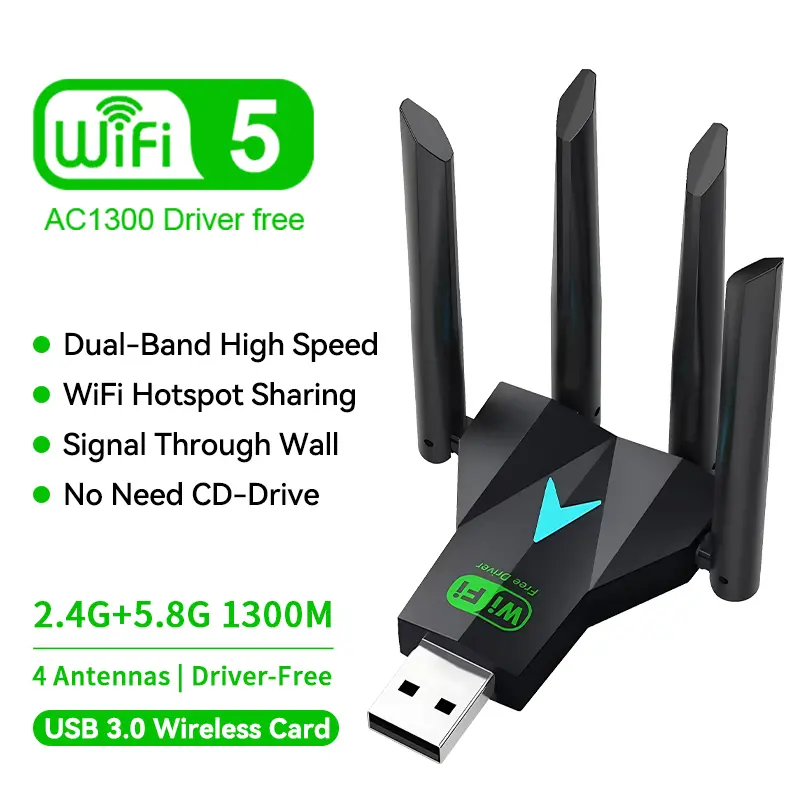 AC1300 Wi-Fi AC Dual-Band Support USB 3.0 Adapter - Driver-Free, 2.4G/5GHz Plug-In Dongle with 4 Antennas, Wall-Penetrating Signal, Wi-Fi Hotspot Sharing for Windows PC/Laptop, Ac1300 Wifi Adapter