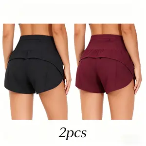 2 Piece Women's Tummy Control Cross Waist Gym Shorts, Quick Drying Breathable Comfortable Solid Color Workout Impact Fitness Athletic Shorts, Ladies Lightweight Skinny Activewear Sportswear For Indoor Outdoor Wear
