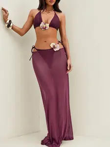 Adjustable Halter Bikini + Flowy Mesh Maxi Skirt — Perfect For Every Body Type，flowy beach cover up skirt, trendy summer bikini, two piece swimsuit with cover up skirt one sets Metal Decor Monokini