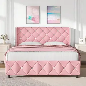 Upholstered Bed Frame With Diamond Tufted Wingback Headboard – Modern Velvet Bed Frame, No Box Spring Needed With Wood Slat Support, Easy Assembly, Twin Bed Frame/  Full Bed Frame/ King Bed Frame, Black/ Pink/ White/ Purple/ Blue/ Green