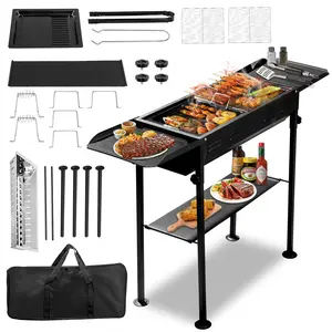 Portable Charcoal Grill, Foldable Barbecue Grill with Storage Shelf and Carry Bag for Outdoor Cooking Camping Hiking Party Picnic Garden Beach