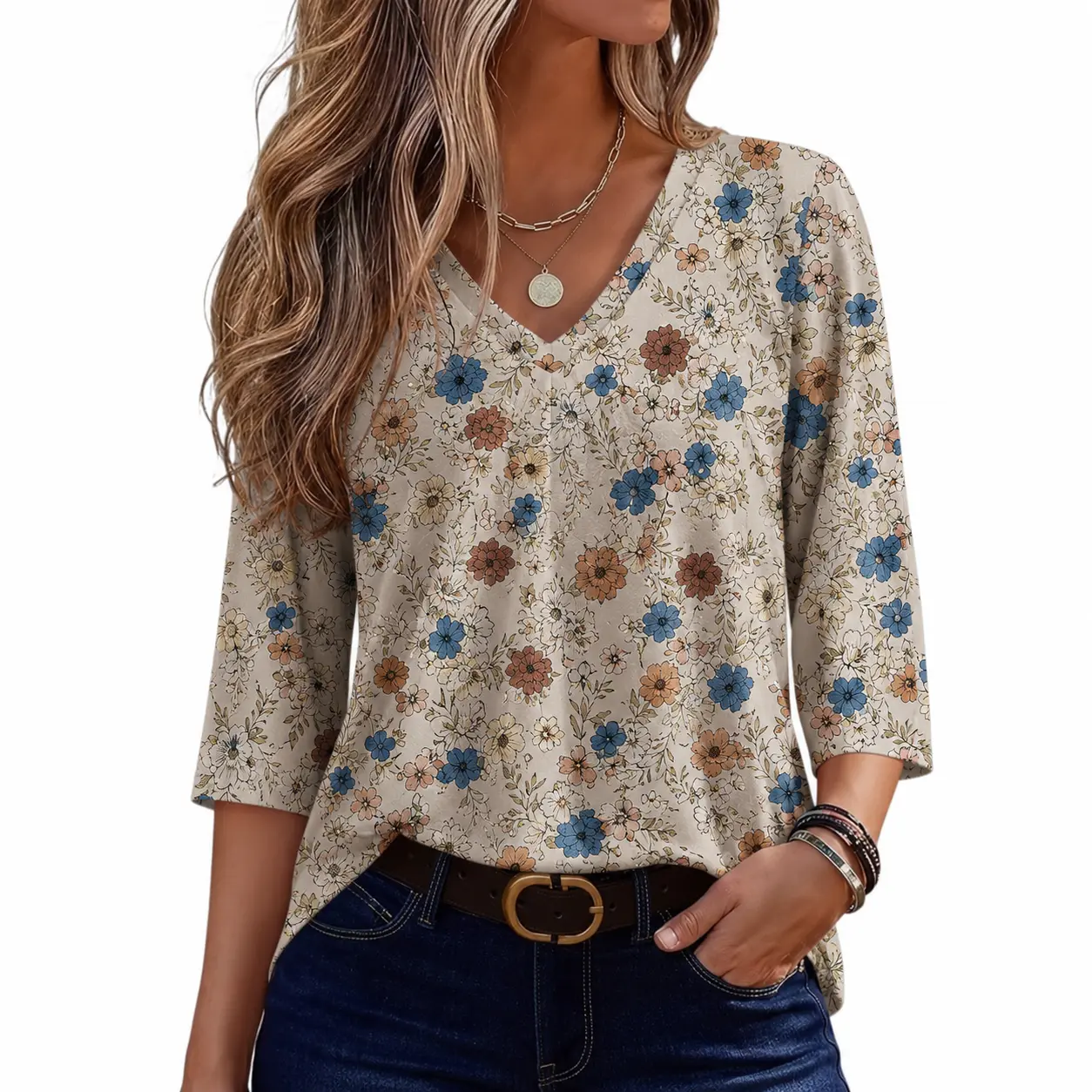 Women's Boho Tunic Top, V-Neck Tropical Paisley Print 3/4 Sleeve Blouse, Breathable Lightweight Dressy Casual Shirt for Summer Vacation