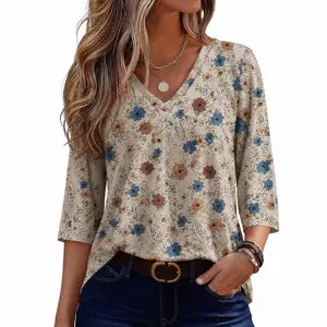 Women's Boho Tunic Top, V-Neck Tropical Paisley Print 3/4 Sleeve Blouse, Breathable Lightweight Dressy Casual Shirt for Summer Vacation