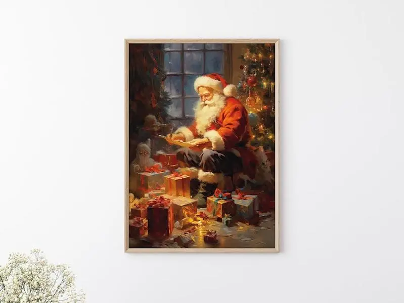 Vintage Painting of Santa Claus Reading Preparing Gifts, Cozy Christmas Printable Wall Art, Winter Core Holiday Print, Christmas Wall Decor