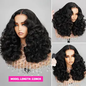 Suntuhair 250% Density Wig Blow Out Luxurious Bomb 12A Brazilian Human Hair Funmi Bouncy Curly Glueless Wigs Pre Plucked Hairline Pre Cut Lace 5x5 Lace Middle Part Closure Wigs Super Double Drawn Wig 90s Style