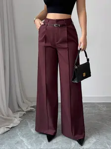 Ladies' Solid Color Casual Commuting Loose Straight Bottom Pants. Made of comfortable Woven fabric to create a stylish and loose fit, these pants come with a belt and are suitable for wearing in all seasons - including the belt