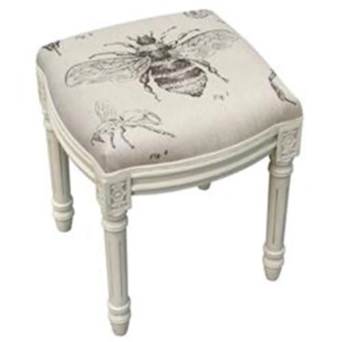 123 Creations WFS016XXGY Antique White Linen Upholstered Wooden Bee Study Vanity Stool, Easy Assembly Indoor Furniture, Antique Finish Chairs & Stools