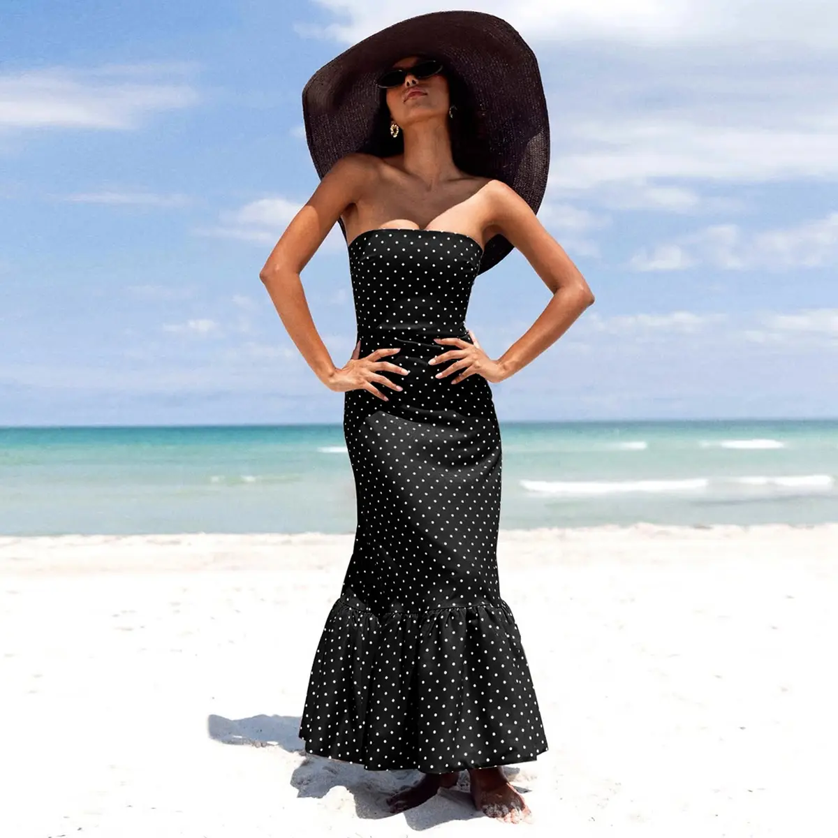 Polka Dot Print Sleeveless Maxi Dress with Ruffled Hem for Women's 2025  Fall New Arrival Sexy Night Club Dating Dress & Daily Elegant Casual Holiday  Beach Outfit Slim-Fit Dress - TikTok Shop