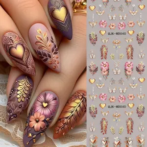 Bohemian Pattern 5D Embossed Nail Stickers, Self-Adhesive Retro DIY Nail Art Decals , Golden Heart Leaf Wedding Nail Decorations, Glitter Rhinestones