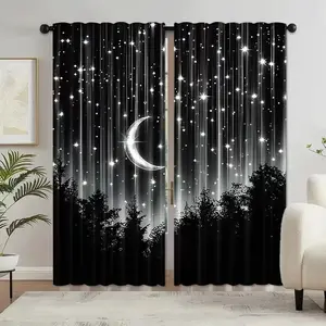 Starry Forest Moon Curtains Set, 2-Piece Semi-Transparent Drapes with Moon Print, Polyester Fabric, Modern Window Decor, Room Decor Curtain