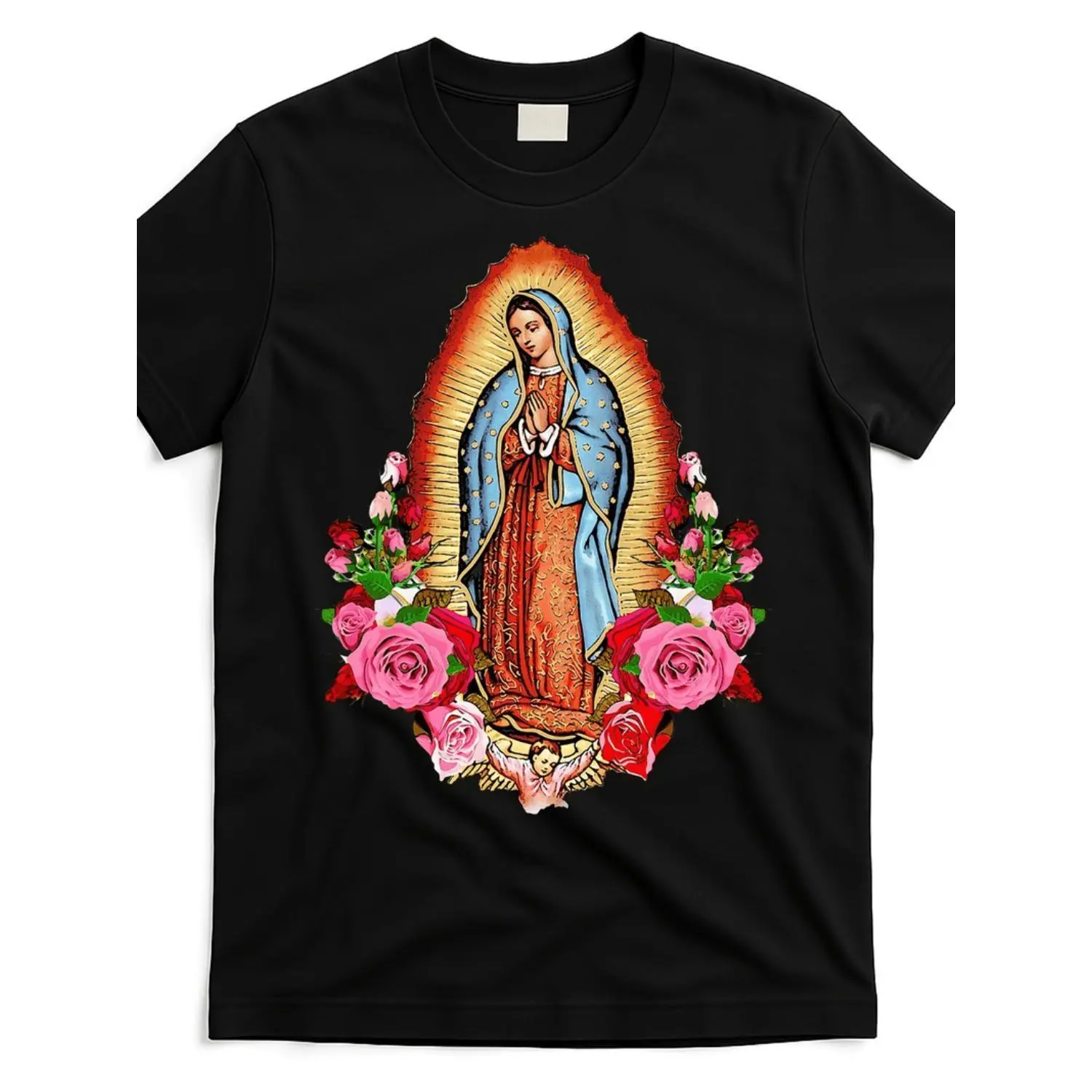 Trendy Virgin De Guadalupe Graphic T-Shirt For Women And Men Stylish Short Sleeve Tee With Vibrant Floral Design Comfortable Round Neck Casual Top Machine Washable Streetwear Apparel,halloween