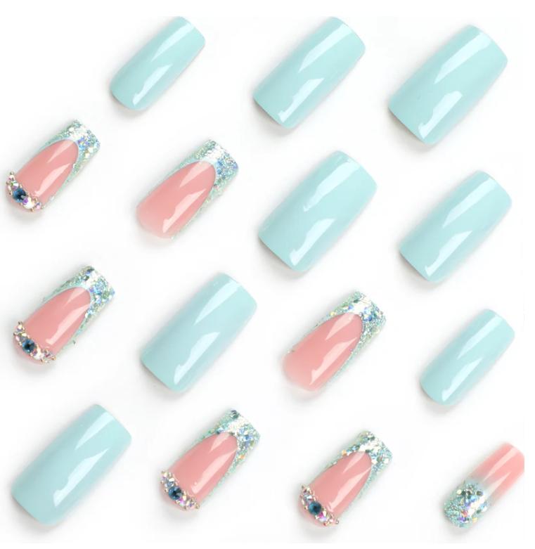 Blue French Tip Press On Nails | CurvLife Nail | 30pcs Medium Square Fake Nails | Crystal Glitter Accent Design | Easy Apply, Comfortable & Durable | Daily, Business & Party Nail Art