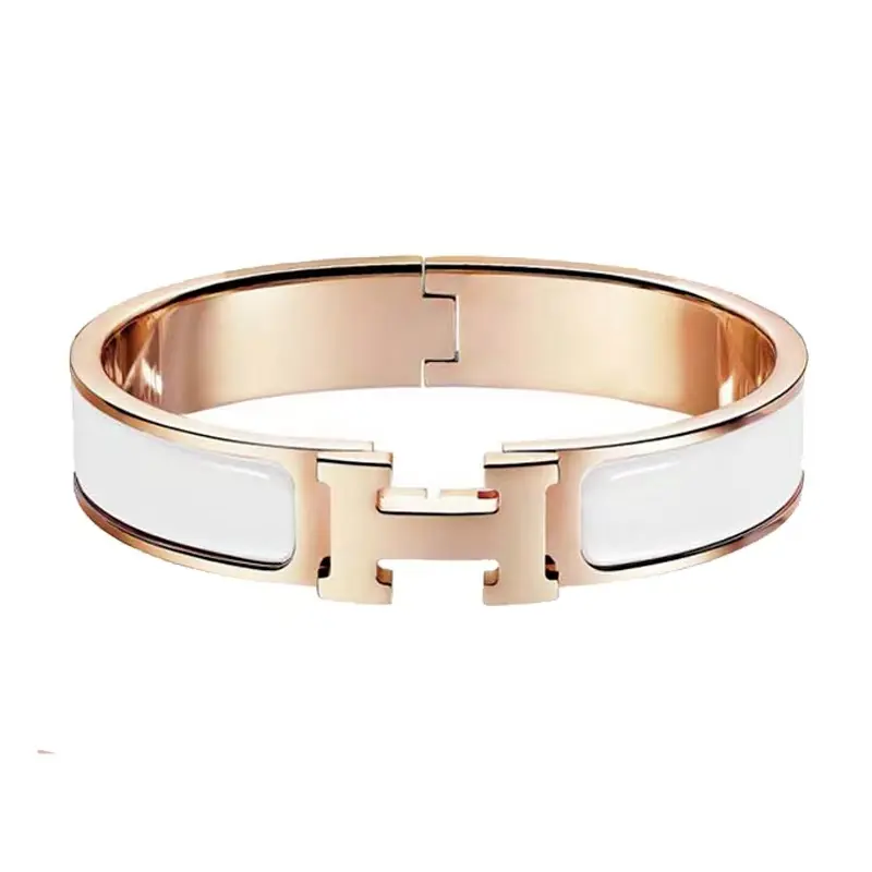Pre-owned 99% New Hermès Clic H Bangle Rose Gold White Enamel Women Luxury Designer Bracelet