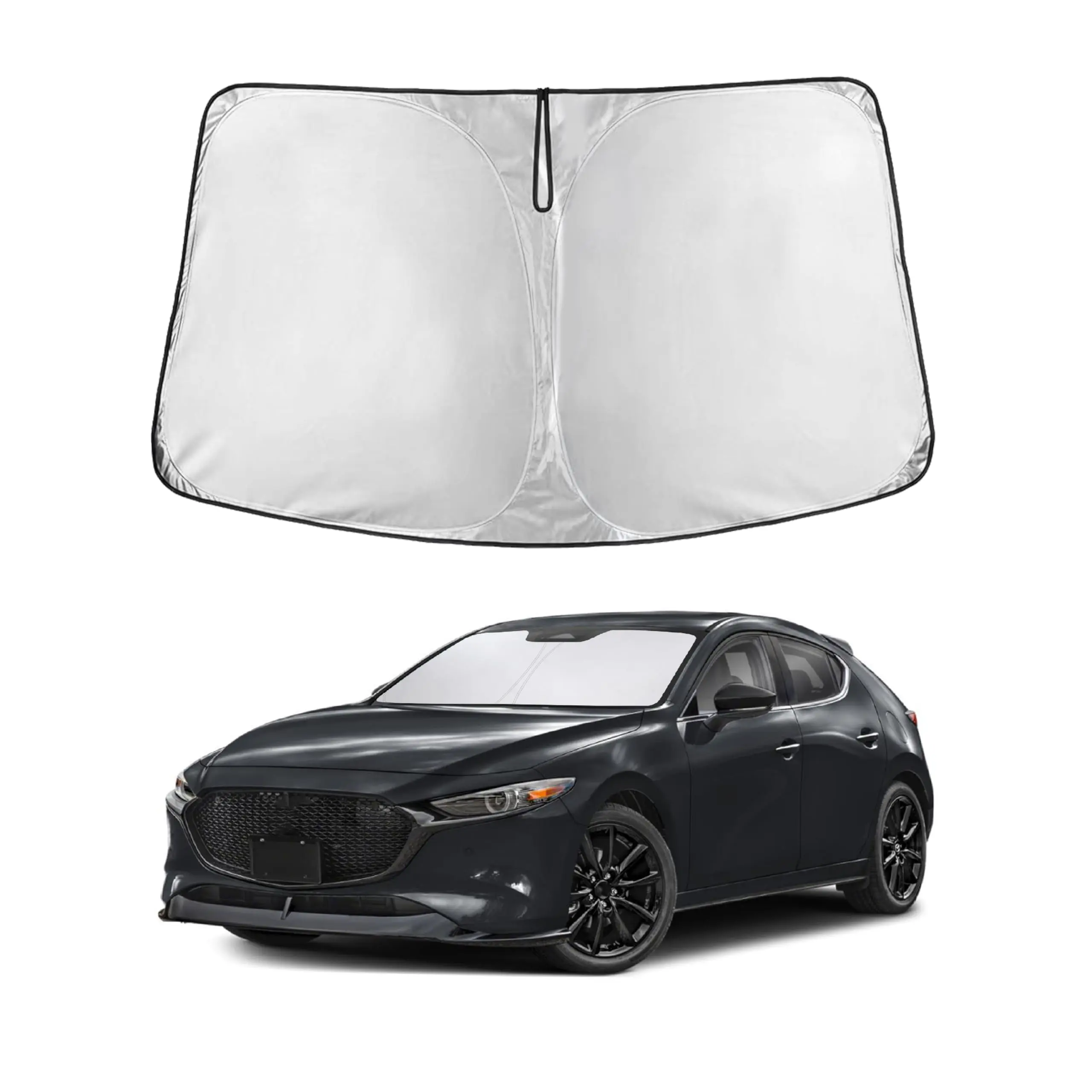 EcoNour Synthetic Windshield Sunshade for Mazda 3 (2019-2025) - 58x27.5in 240T Polyester, Sun Visor-Mounted Shade Device, Heat-Blocking Windshield Cover, Blocks 99% UV Rays, Foldable with Drawstring for Compact Storage & Car Interior Protection