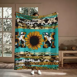 Mom Sunflower Western Flannel Throw Blanket, Soft Cozy Cowhide Leopard Print Blanket, Warm Mother's Day Gift for Mom, Lightweight Breathable