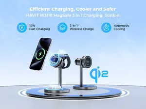 Havit 3 in 1 Wireless Charging Station, Qi2 15W Cooling Magnetic Charging Stand, MagSafe Fast Wireless Charger for iPhone 17/16/15/14 Series, Apple Watch, AirPods, 45W Adapter Included