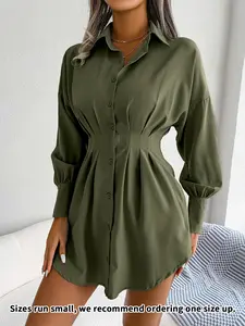 Women's Solid Curved Hem Ruched Button Front Shirt Dress, Casual Comfy Chic Drop Shoulder Long Sleeve Short Dress for Spring & Fall, Women's Clothes, Lady Casual Wear