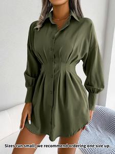 women's minimalist solid curved hem ruched button front collar shirt dress, lady vintage drop shoulder long sleeve short dress, a-line dress for fall school office, dresses for women, vow renewal party pink dress longsleeves, spring dresses 2025