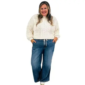 Vintage Inspired Wide Leg Denim Pants With Drawstring Elastic Waist And Relaxed Fit, Curvy-Friendly Silhouette Ideal For Casual Hangouts And Creating Viral-Worthy Cozy Casual Outfits